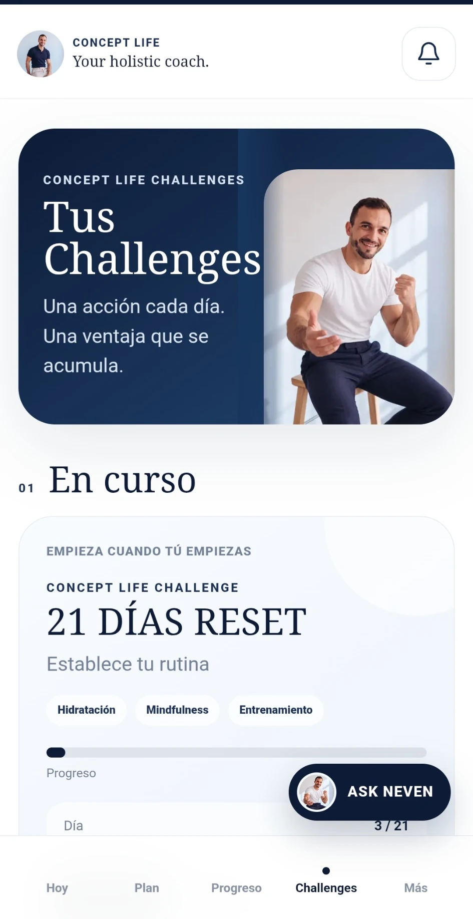 Pantalla real de Challenges: 21 días Reset